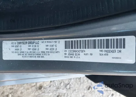 2012 Chrysler 200 Lx из США, поврежденный, VIN 1C3CCBAB4CN273874